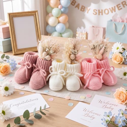 3 Set Baby Shower Table Decor Crochet Knitted Baby Booties with Bow Dried Pampas Grass Boho Table Centerpieces Gender Reveal Party Decor - Image 3
