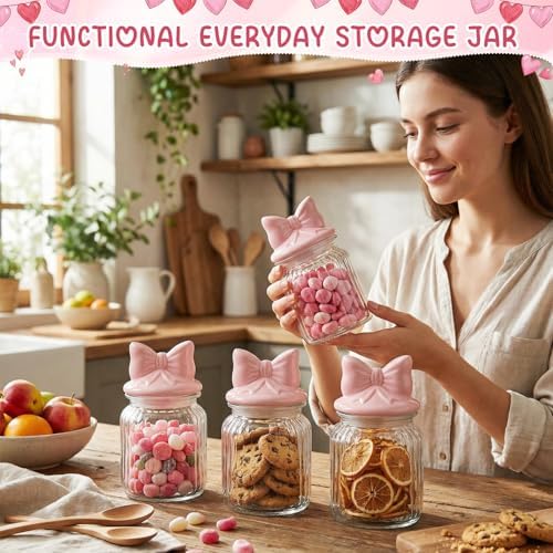 Potchen Pink Bow Candy Jars Airtight Glass Cookie Jars with Ceramic Bow Lid Cute Clear Stripes Cookie Storage Canister for Spring Summer Baby Shower Party(4 Sets,8oz) - Image 5