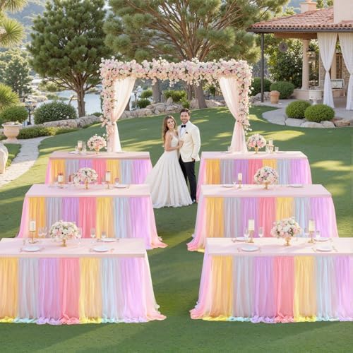 Pastel Rainbow Table Cloths for Parties Tulle Table Skirts Rectangle Tables 8ft Fitted Spandex Table Covers Stretch Elastic Banquet Wedding Baby Shower Birthday Party Table Cloths 8 Foot Rectangle - Image 5