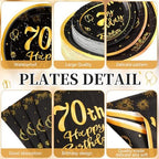 Funnymoom 452 Pcs 70th Birthday Party Decorations Set for Men Women, Black and Gold Happy 70th Birthday Paper Plates Napkins Cups Tablecloth Cutlery Straws Cheers to 70 Years Anniversary Party - Image 2