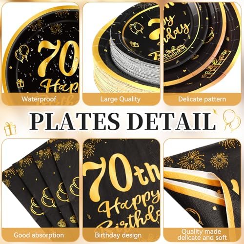 Funnymoom 452 Pcs 70th Birthday Party Decorations Set for Men Women, Black and Gold Happy 70th Birthday Paper Plates Napkins Cups Tablecloth Cutlery Straws Cheers to 70 Years Anniversary Party - Image 2