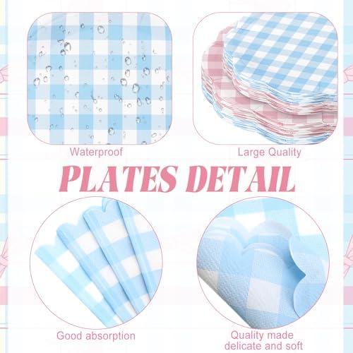 Funnymoom 452 Pcs Gender Reveal Gingham Party Decoration for 50, Pink and Blue Gingham Checkered Paper Plates Napkins Cups Tablecloth Cutlery Straws for Gender Reveal Baby Shower Party Supplies - Image 2