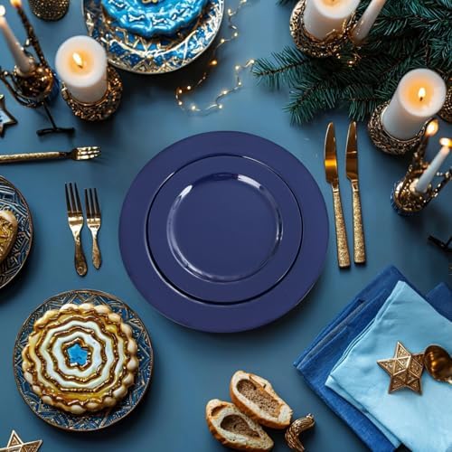 FLOWERCAT 100PCS Blue Plastic Plates - Heavy Duty Blue Disposable Plates for Memorial/Birthday Party/Graducation - Include 50PCS 10.25inch Dinner and 50PCS 7.5inch Dessert/Salad Plates for 50 Guests - Image 2