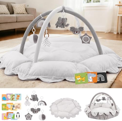 5-in-1 Baby Activity Gym & Play Mat with 6 Hanging Toys, Tummy Time Mat & Cards - Extra Large, Reversible Machine Washable Pad - Gift for Newborns, Infants 0-12 Months, Grey by Unknown