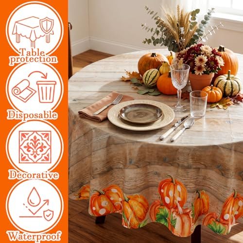 Ganeen 12 Pcs Fall Plastic Tablecloth Round Wood Grain Pumpkin 84 x 84 in - Image 3