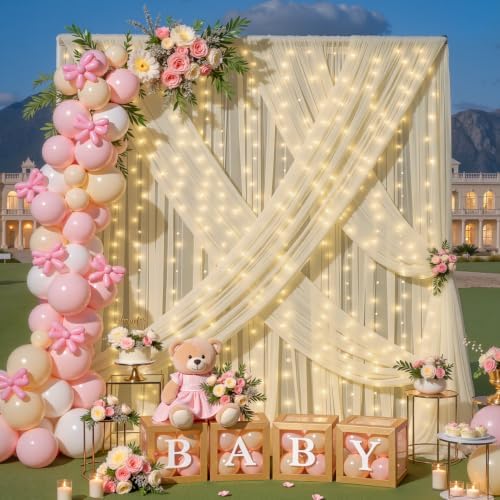 10ft x 10ft Champagne Tulle Backdrop Curtain with Lights String for Parties Wedding Bridal Shower Sheer Champagne Curtain Backdrop for Birthday Party Baby Shower Photo Booth Decorations - Image 2
