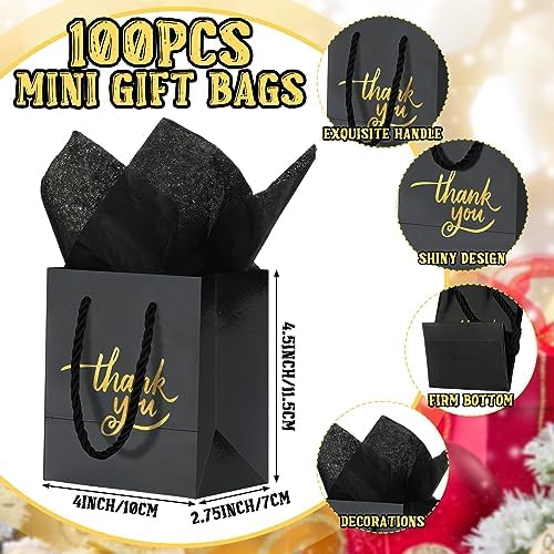 Yeaqee 100 Pack Mini Gift Bags Bulk 4 x 2.75 x 4.5 Inch Small Thank You Paper Bags with Handle and Tissue Paper for Wedding Birthday Baby Shower Business Graduation Party Favors(Black) - Image 2