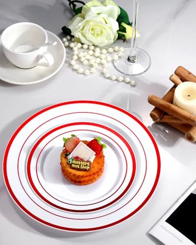 Goodluck 120 Pack Red Rim Plastic Plates - 60 Dinner Plates (10.25") & 60 Dessert Plates (7.5") - Heavy Duty Disposable White Plates with Elegant Red Trim - Premium Dinnerware Set for Wedding - Image 4