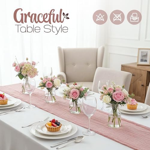 12 Pack Dusty Pink Cheesecloth Table Runners 10FT Long – 35 x 120 Inch Boho Gauze Table Runners for Engagement, Wedding, Baby Shower & Home Decor – Soft Wrinkled Polyester Fabric - Image 4