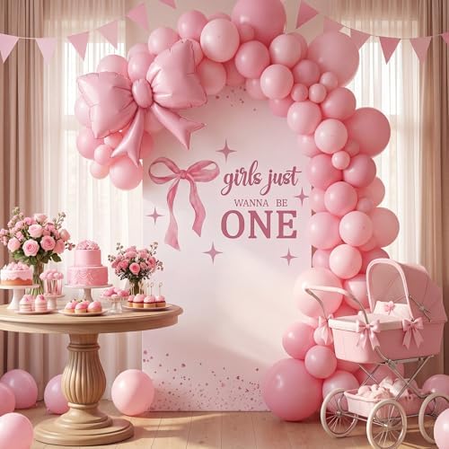 Breling Girls Just Wanna Be One Birthday Decor 6.6 ft Pink Bow Arch Cover - Image 2