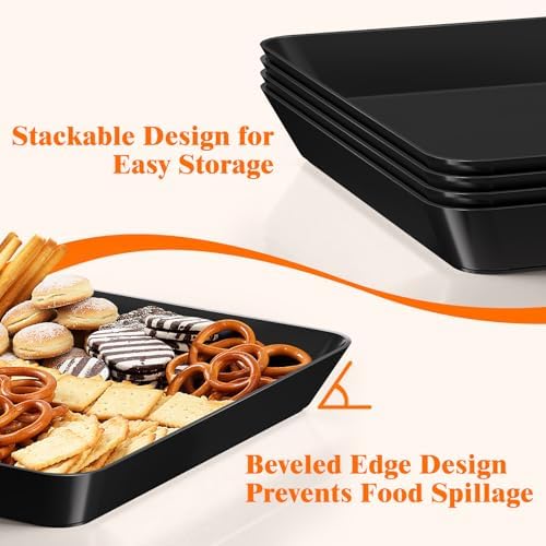 SpaceTrove 10-Pack Serving Tray Set, Reusable Plastic Serving Platter for Party Supplies, Entertaining, Grilling Accessories, Stackable Kitchen Snack Container for Dessert, Fruit, Cookie, (Black) - Image 3
