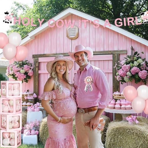 Costova Cow Baby Shower Decorations for Girls, Pink Cow Baby Shower Decorations, Holy Cow We Are Having a Baby Backdrop Balloon Box Tablecloth Sash Pin for Cow Print Its a Girl Gender Reveal - Image 6
