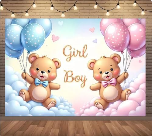 9x6 feet Gender Reveal Background Photo Bears, Pink and Blue Balloons, Clouds for Gender Reveal Party Banner Baby Shower Photo Background Banner Decorative Photo Studio - Image 2