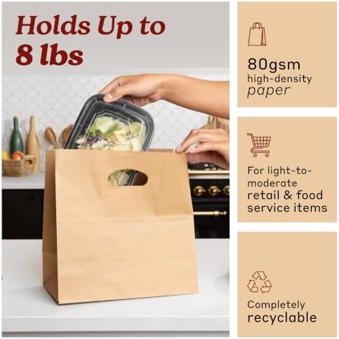 Natural Brown Kraft Paper Bags with Die Cut Handles - 11" x 6" x 11" - Image 4