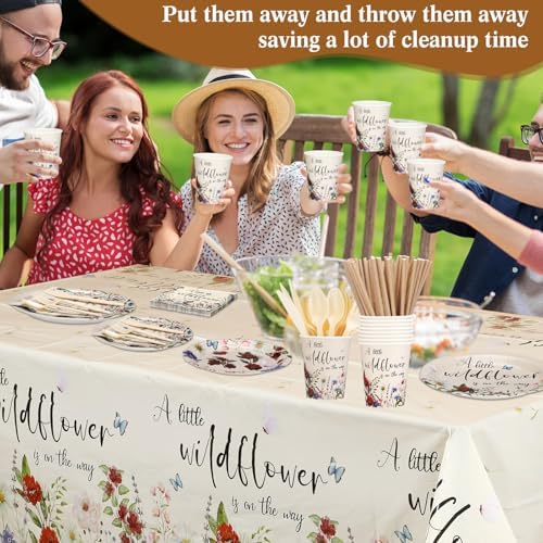 452 Pcs Wildflower Baby Shower Party Supplies for 50 Guest, Vintage a Little Wildflower Is on the Way Paper Plates Napkins Cups Tablecloth Cutlery Straws for Spring Summer Baby Shower Party Decoration - Image 6