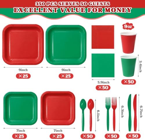 Vyntra 350 Pcs Red & Green Square Paper Plates and Napkins Set, Serves 50 - Image 2