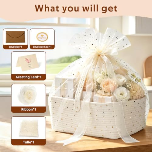 Large Woven Basket for Gifts Empty, Storage Basket 15" x 11" x 6.5" with Glitter Tulle, Ribbon and Card Paper, One-Handle Design, DIY Time for Holiday Gifts, Baby & Pet Toys, Graduation - White - Image 3