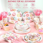 Ziliny 350 Pcs Donut Grow up Party Supplies Tableware Set Disposable 9'' 7'' Paper Plates 9 oz Cups Cutlery Napkins Dinnerware Set for 1st Birthday, Serve 50 (Donut Grow Up, Macron Color) - Image 3