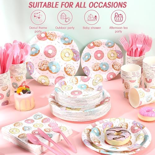 Ziliny 350 Pcs Donut Grow up Party Supplies Tableware Set Disposable 9'' 7'' Paper Plates 9 oz Cups Cutlery Napkins Dinnerware Set for 1st Birthday, Serve 50 (Donut Grow Up, Macron Color) - Image 3