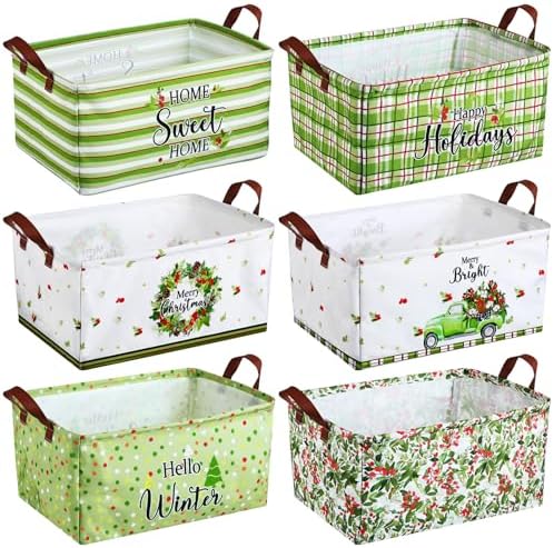 CHENGU 6 Pack Christmas Storage Basket Collapsible Christmas Tree Basket for Gift Green Truck Holiday Decor Large Flower Wreath Bin Foldable Hello Winter Dotted Box with Handle for Bedroom Office Home by CHENGU