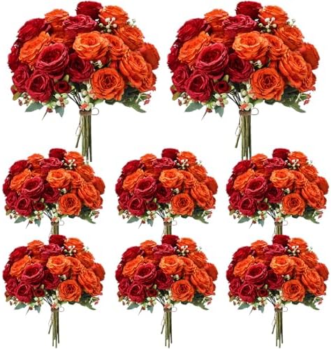Geosar 8 Bundles Artificial Peonies Flowers,Orange, Deep Red by Geosar