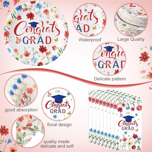 400 Pcs 2026 Red White Blue Graduation Decoration for 50, Red Blue Floral Graduation Paper Plates Napkins Cups Cutlery Flower Grad Tableware for Class of 2026 Congrats Grad Party Supply - Image 2
