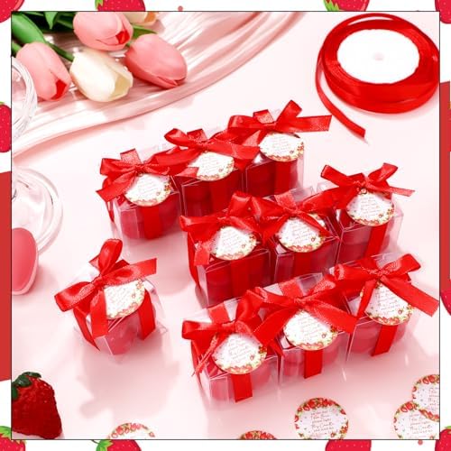 MTLEE 24 Sets Strawberry Baby Shower Favors Small Bubble Candle for Guests Tea Candles Bulk with Stylish Ribbons Cards Gifts Party Decoration(Bright Red, Strawberry) - Image 2