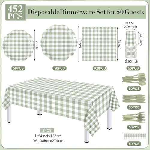Funnymoom 452 Pcs Sage Green Gingham Party Supplies for 50 Guests - Image 3