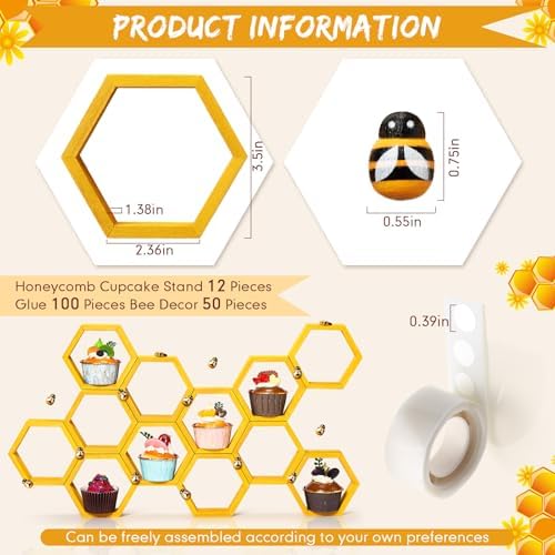 Fairysandy 12 Pcs Mini Honeycomb Cupcake Stand 50 Tiny Wooden Bee, Gold - Image 2