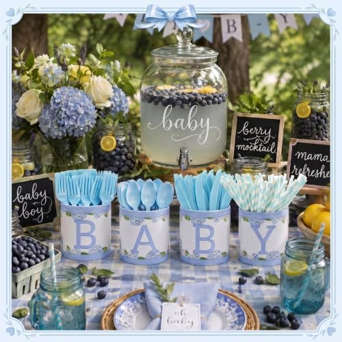 Domensi 204 Pcs Baby Shower Disposable Cutlery Set Utensil Holders, Blue - Image 6