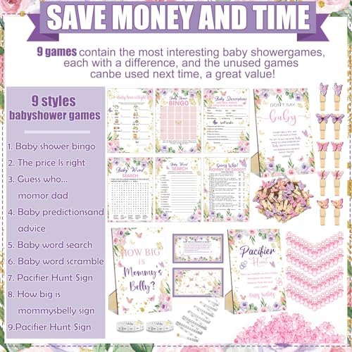 Sherr 476 Pcs Butterfly Baby Shower Games 6 Sets Activities Cards Pacifier Hunt Game 50 Pacifiers How Big Is Mommy's Belly Sign 50 Guessing Cards 2 Measuring Tape Don't Say Baby Sign 50 Clothespin - Image 4