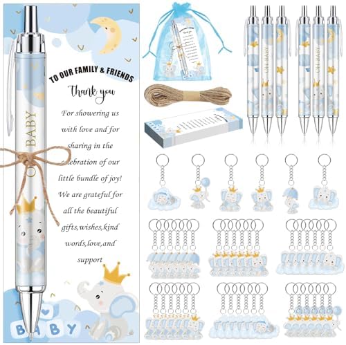 145 Pieces Baby Shower Favors for Guest Blue Elephant Ballpoint Pens and Keychains Gifts for Boys Bulk Retractable Baby Shower Pens Gender Reveal Greeting Cards Souvenirs Prizes Party Favors by EYNDYN