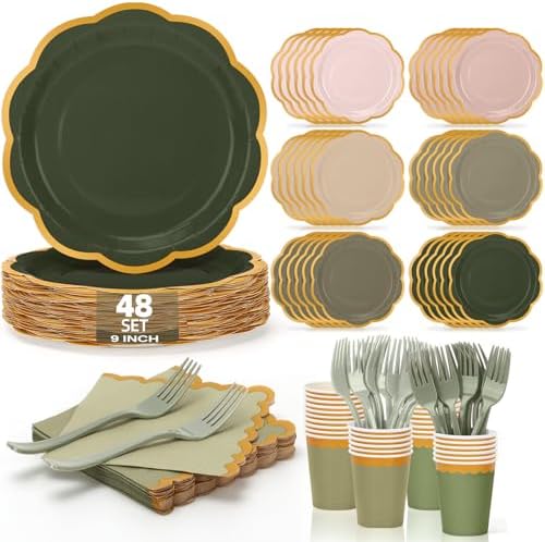 Sage Green Plates and Napkins Party Supplies for 48 Guests, Disposable 9’’ Gradient Pink and Green Scalloped Paper Plates Tableware Set for Birthday Party, Wedding, Baby Shower Decorations by UseOnceDoneRight