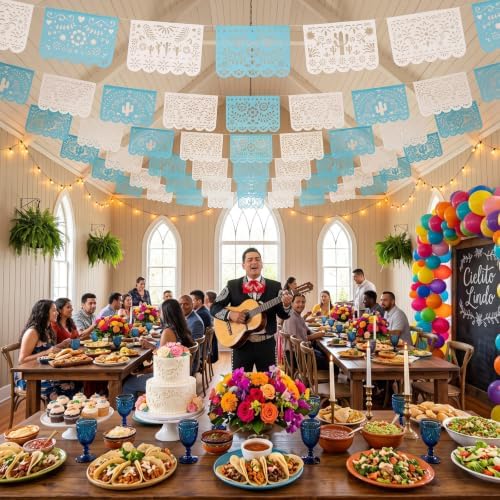 Tiamon 12 Pack Mexican Party Decorations Plastic Papel Picado Banner Garland Waterproof Cielito Lindo Decor for Baby Shower Day of The Dead Wedding Cinco De Mayo Outdoor Decor (Blue White) - Image 5