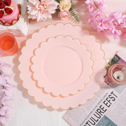 LIYH Pink Gold Rim 120 Pcs Scalloped Plastic Plates For Baby Shower Party - Image 2