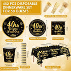 Funnymoom 452 Pcs 40th Birthday Party Decorations Set for Men Women, Black and Gold Happy 40th Birthday Paper Plates Napkins Cups Tablecloth Cutlery Straws for Cheers to 40 Years Anniversary Party - Image 2