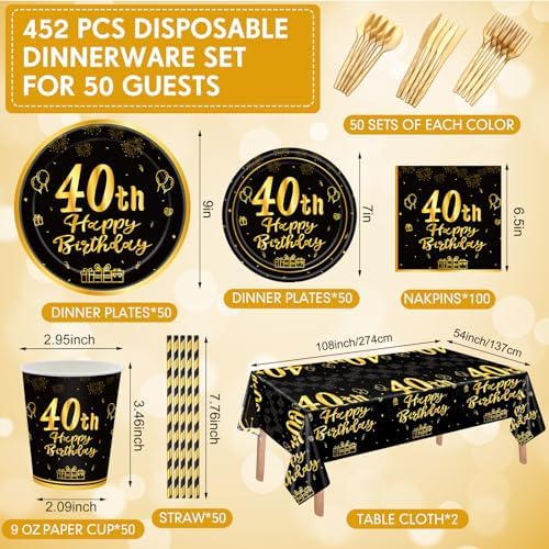 Funnymoom 452 Pcs 40th Birthday Party Decorations Set for Men Women, Black and Gold Happy 40th Birthday Paper Plates Napkins Cups Tablecloth Cutlery Straws for Cheers to 40 Years Anniversary Party - Image 2