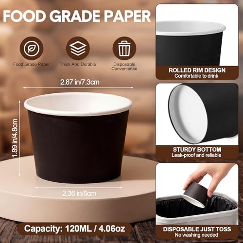 Honeydak 200 Pcs 4 oz Black Paper Ice Cream Cups Disposable Dessert Bowls for Hot or Cold Food Brown Paper Snack Containers for Sundae, Frozen Yogurt, Soup Baby Shower Party Supplies - Image 2