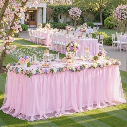 Baby Pink Table Cloth Spandex Table Covers 8ft Fitted Tulle Tablecloth Rectangular Desk Skirt Stretch Light Pink Table Cloths Covers Party Banquet Birthday Baby Shower Wedding Table Cloth, 6 Pack - Image 2