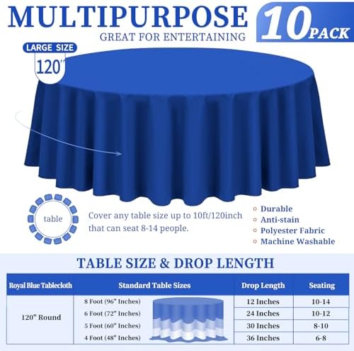 Showgeous 120 Inch Royal Blue Round Tablecloths, Polyester Table Covers - Image 2