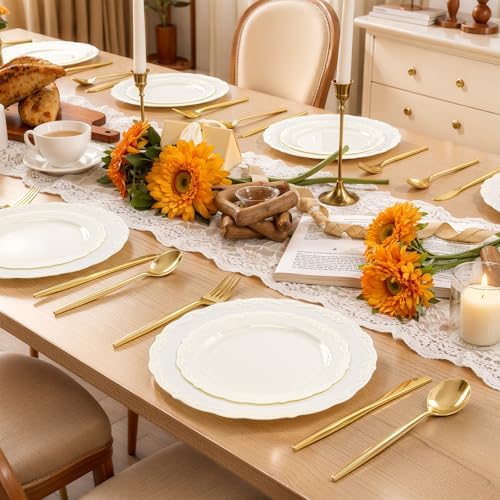 U-QE 100 Pcs Ivory Plastic Plates for Party - Ivory Disposable Plates - Image 5