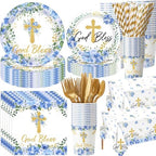 LemonRoad 452 Pcs God Bless Baptism Party Decoration Boy for 50, Baptism Confirmation Paper Plate Napkin Cup Tablecloth Cutlery Straw Tableware for Christening Baby Shower Party Supply by Unknown