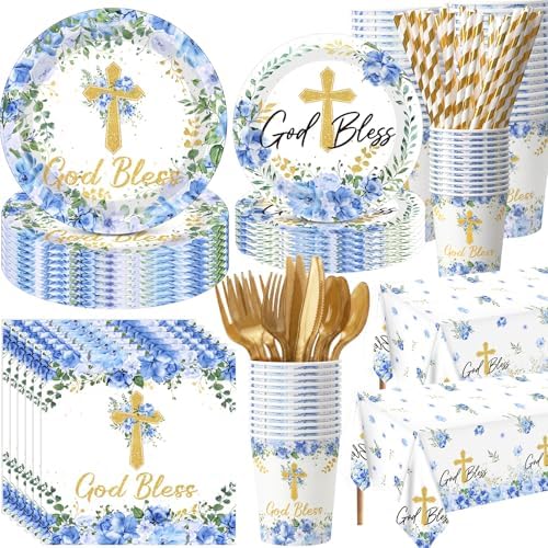 LemonRoad 452 Pcs God Bless Baptism Party Decoration Boy for 50, Baptism Confirmation Paper Plate Napkin Cup Tablecloth Cutlery Straw Tableware for Christening Baby Shower Party Supply by Unknown