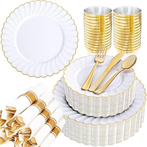 YOUBET 350PCS White and Gold Scalloped Plastic Plates for Wedding Party by YOUBET