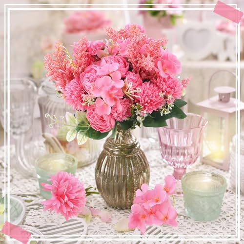 Zeyune 8 Pcs 13.4 Inch Artificial Flowers Bouquet,Peony,Hot Pink - Image 6