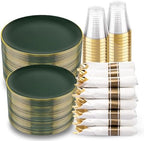 KIRE 350PCS Green and Gold Plates - Plastic Dinnerware Set for Christmas by KIRE