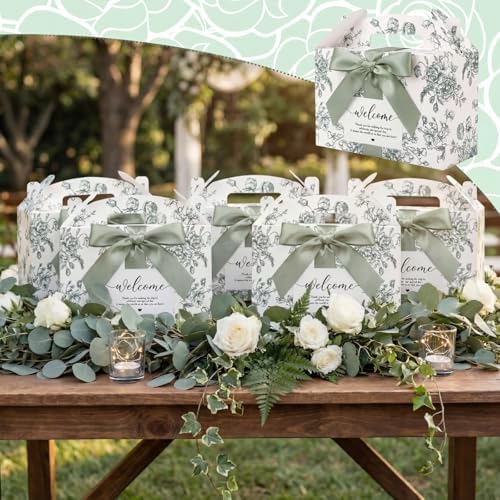 24 Set Green Floral Wedding Welcome Box with Ribbon, Label 9x6x6'' - Image 5