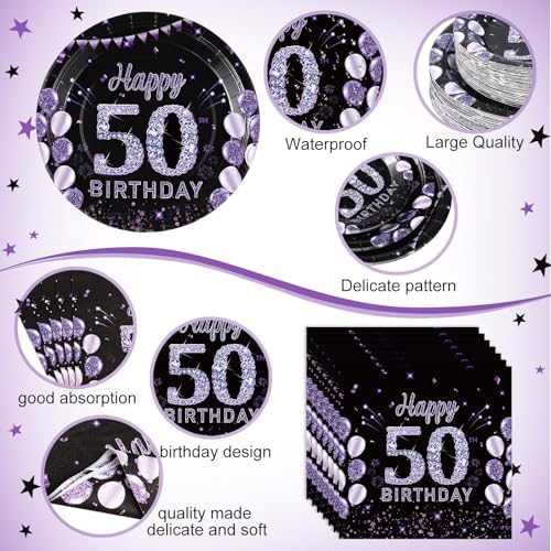 Pickmesh 400 Pcs 50th Birthday Party Supplies Purple Black Plates Serve 50 - Image 3