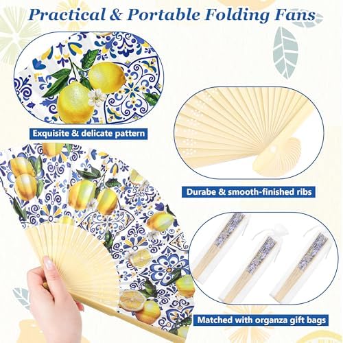 Aodaer 50 Pack Coastal Lemon Printed Folding Hand Fans with Organza Bags Bulk Wooden Storage Box Retro Mediterranean Paper Fans Capri Handheld Fan for Bridal Shower Wedding Bridesmaid Gifts - Image 3