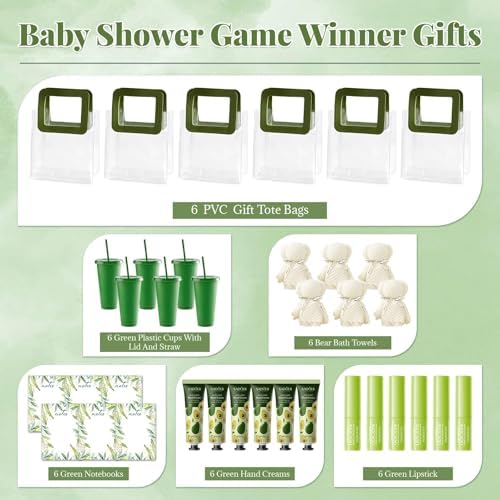 6 Sets Baby Shower Prizes for Game Winners Baby Shower Favors Include Plastic Tumblers Notepad Lip Balms Hand Creams Bear Bath Towels Gift Bags for Wedding Bridal Showers Game Gifts (Green) - Image 2